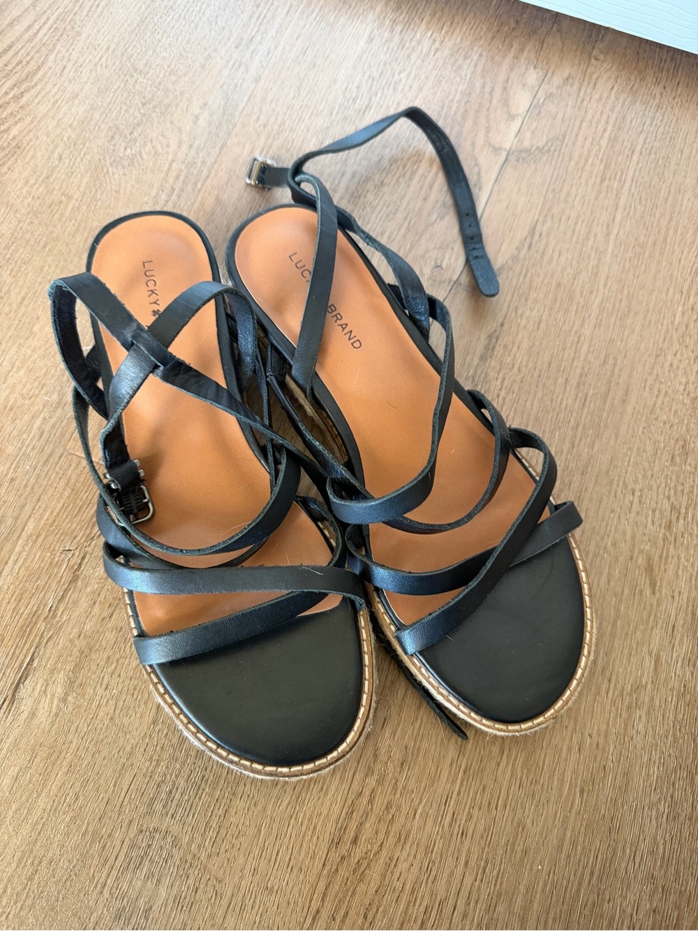 Lucky Brand Nemelli Black Leather Jute Small Wedge Sandal Size 8
